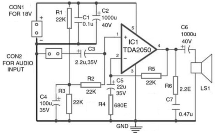 15Watts Audio Amplifier Circuit with TDA2050 IC