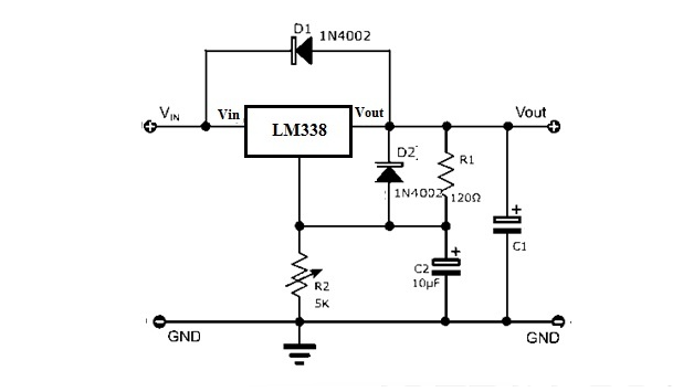 LM338 IC Protection Circuit using 1N4002 Diode